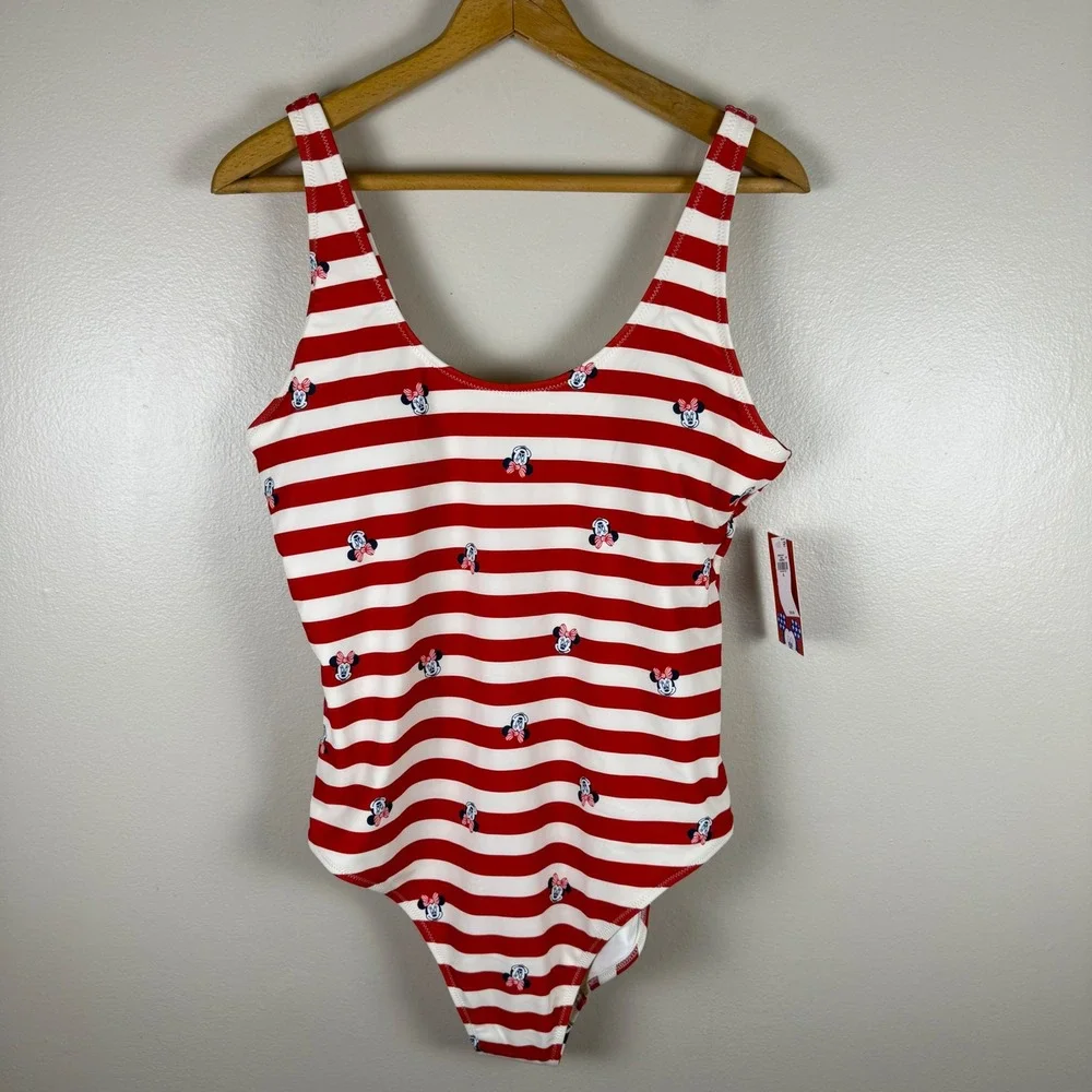Old Navy Women's XL One Piece Swimsuit Red White Striped Minnie Mouse Disney NEW